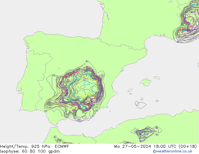 Height/Temp. 925 hPa ECMWF pon. 27.05.2024 18 UTC