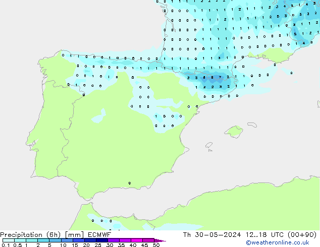 Nied. akkumuliert (6Std) ECMWF Do 30.05.2024 18 UTC