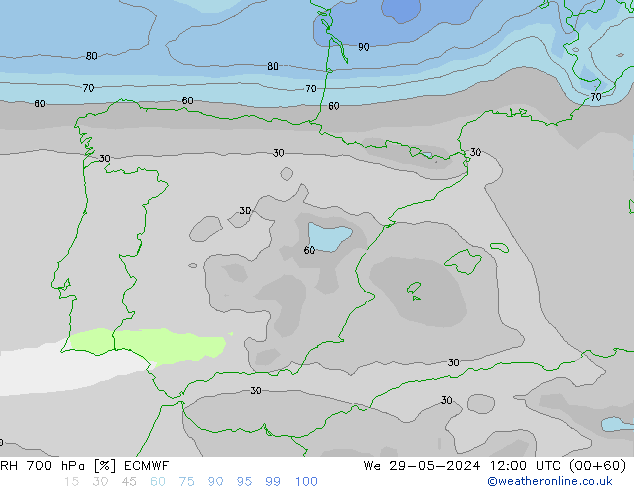 RH 700 hPa ECMWF Qua 29.05.2024 12 UTC