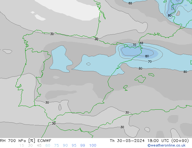 RH 700 hPa ECMWF Čt 30.05.2024 18 UTC