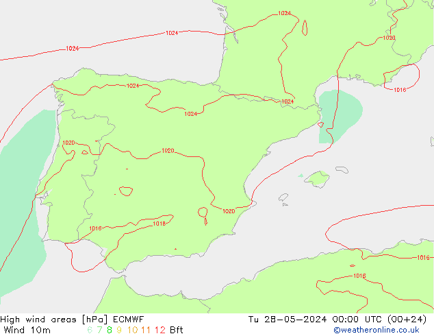 High wind areas ECMWF Út 28.05.2024 00 UTC
