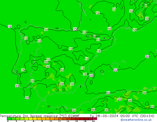 Temperatura 2m Spread ECMWF mar 28.05.2024 00 UTC