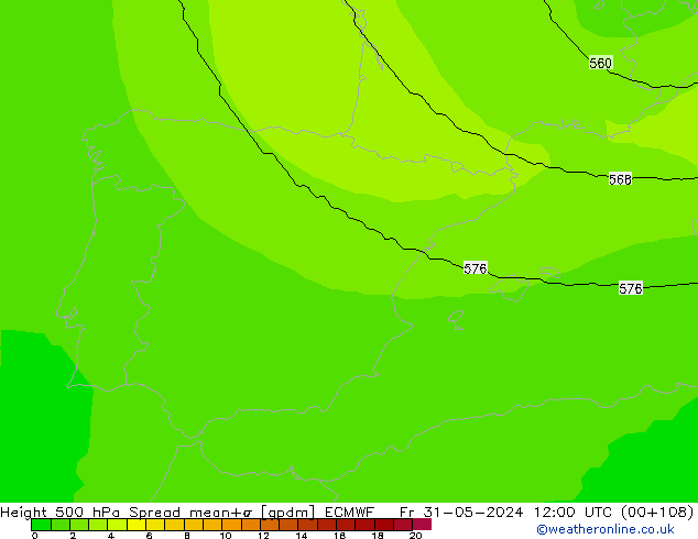 Height 500 гПа Spread ECMWF пт 31.05.2024 12 UTC