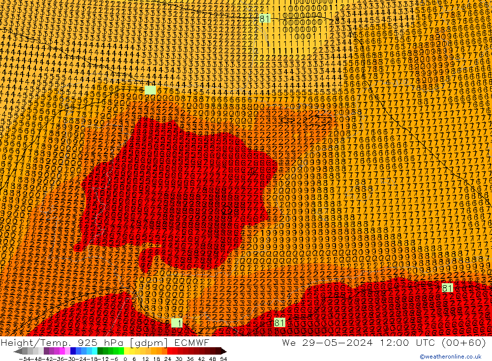 Height/Temp. 925 hPa ECMWF St 29.05.2024 12 UTC