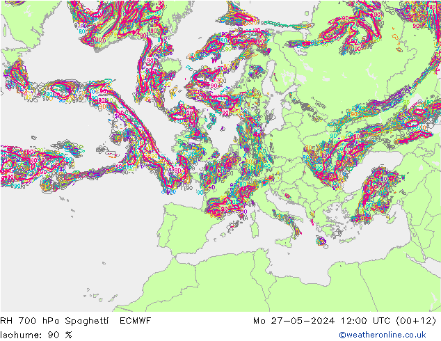 RH 700 hPa Spaghetti ECMWF Mo 27.05.2024 12 UTC