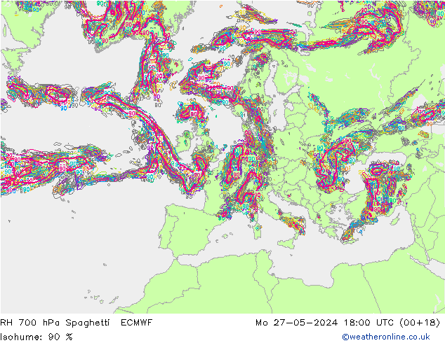 RH 700 hPa Spaghetti ECMWF Mo 27.05.2024 18 UTC