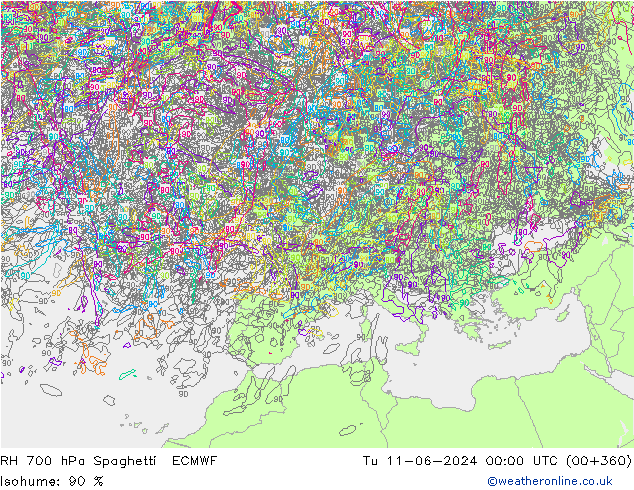 RH 700 hPa Spaghetti ECMWF Di 11.06.2024 00 UTC