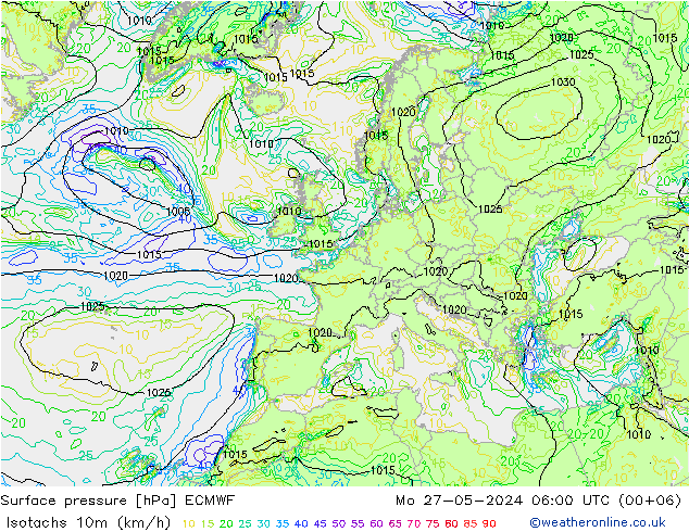 Isotachen (km/h) ECMWF Mo 27.05.2024 06 UTC