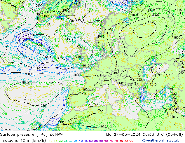 Isotachs (kph) ECMWF lun 27.05.2024 06 UTC