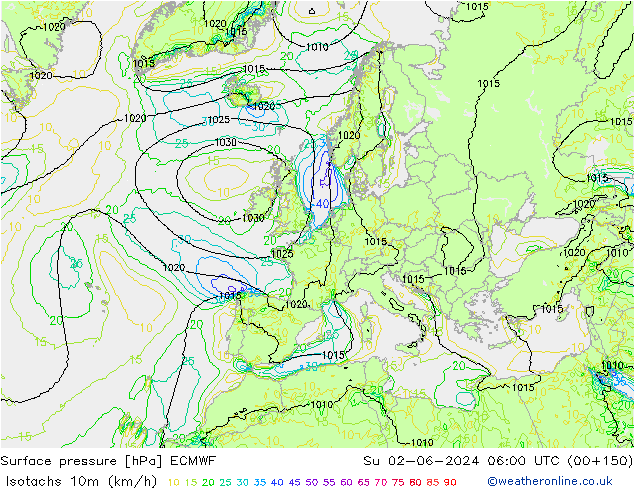 Izotacha (km/godz) ECMWF nie. 02.06.2024 06 UTC