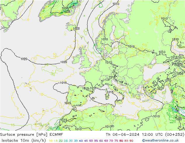 Isotachs (kph) ECMWF чт 06.06.2024 12 UTC