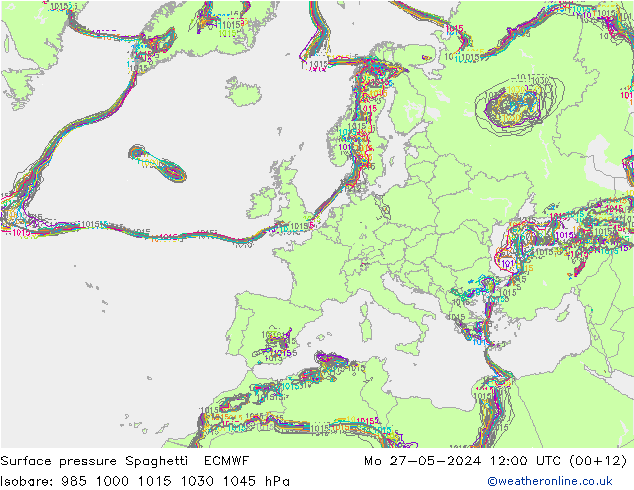 Luchtdruk op zeeniveau Spaghetti ECMWF ma 27.05.2024 12 UTC