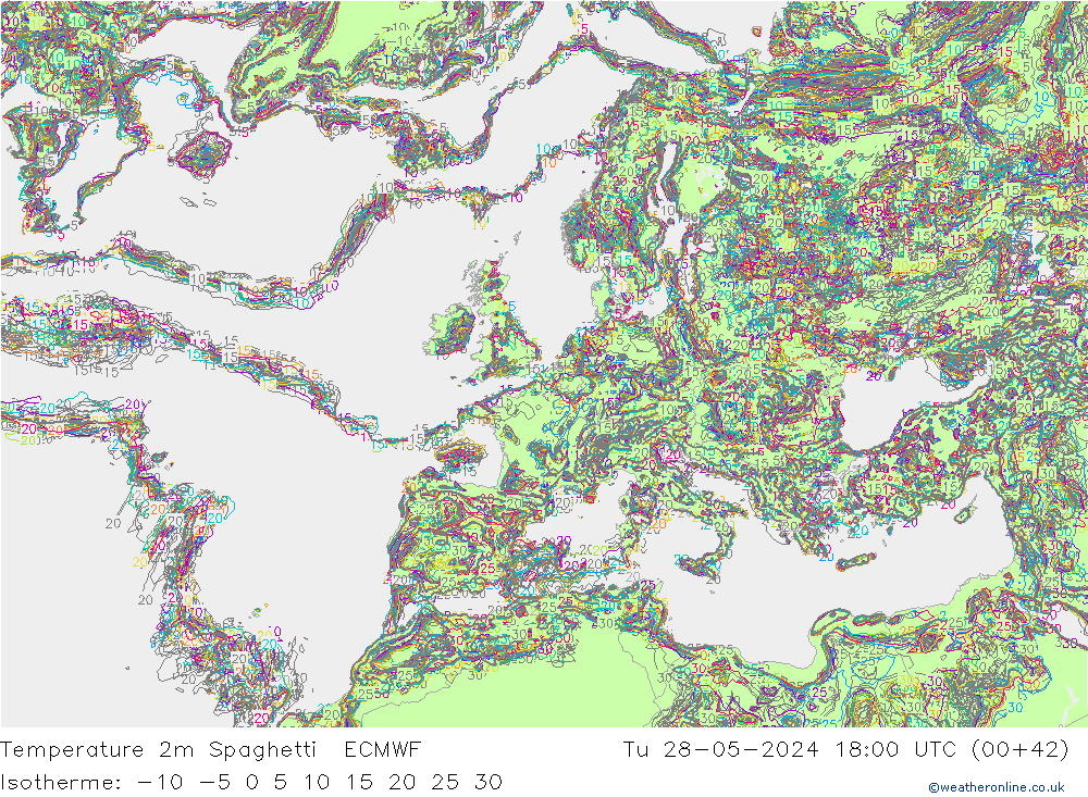 Temperatura 2m Spaghetti ECMWF mar 28.05.2024 18 UTC