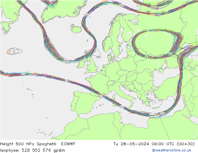 Height 500 hPa Spaghetti ECMWF Di 28.05.2024 06 UTC