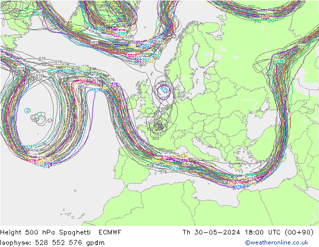 Height 500 hPa Spaghetti ECMWF Do 30.05.2024 18 UTC