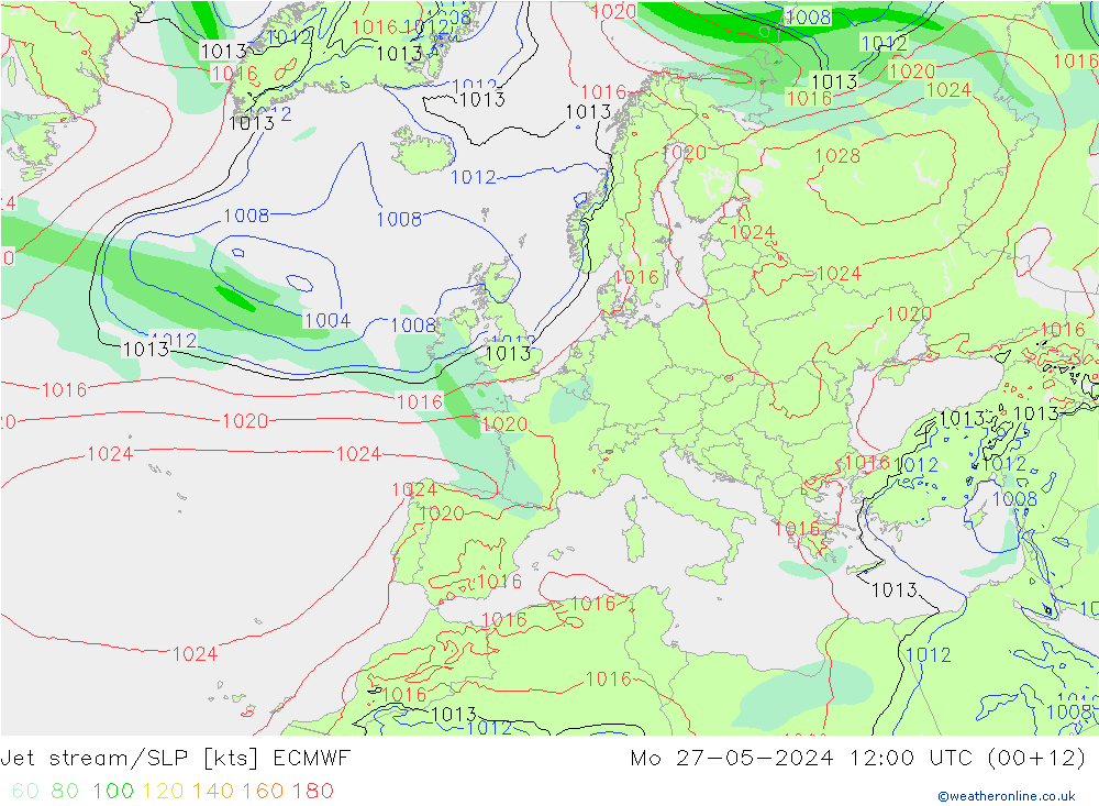 Jet stream/SLP ECMWF Mo 27.05.2024 12 UTC