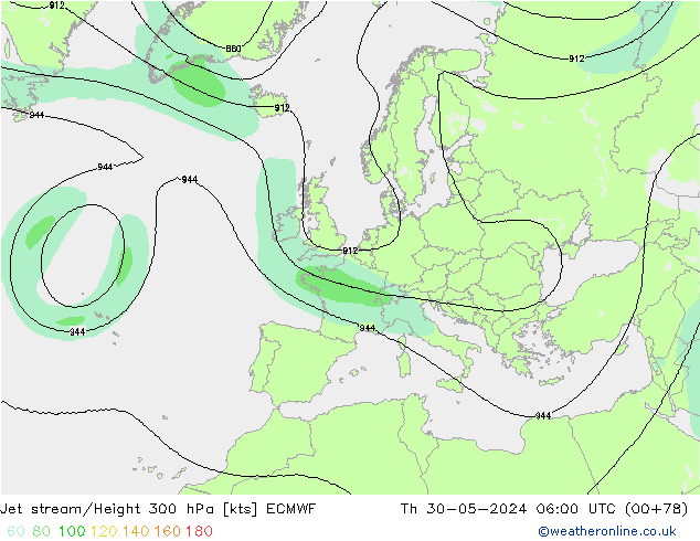 Jet stream/Height 300 hPa ECMWF Čt 30.05.2024 06 UTC