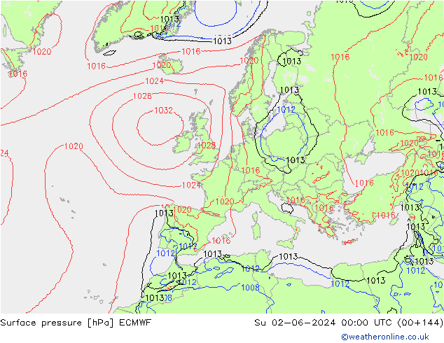 Presión superficial ECMWF dom 02.06.2024 00 UTC