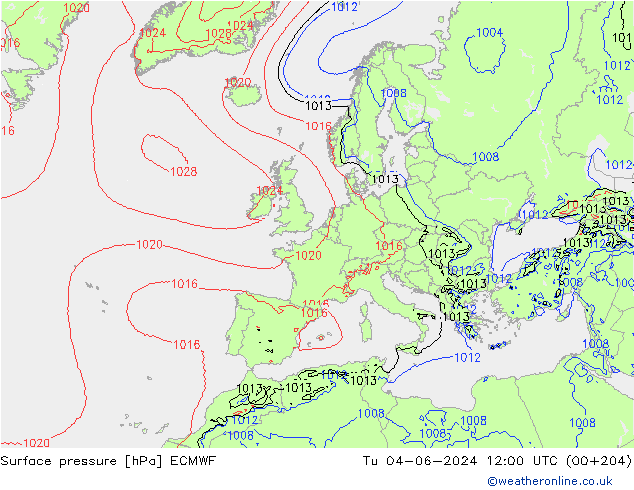 Atmosférický tlak ECMWF Út 04.06.2024 12 UTC