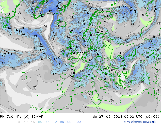 Humedad rel. 700hPa ECMWF lun 27.05.2024 06 UTC