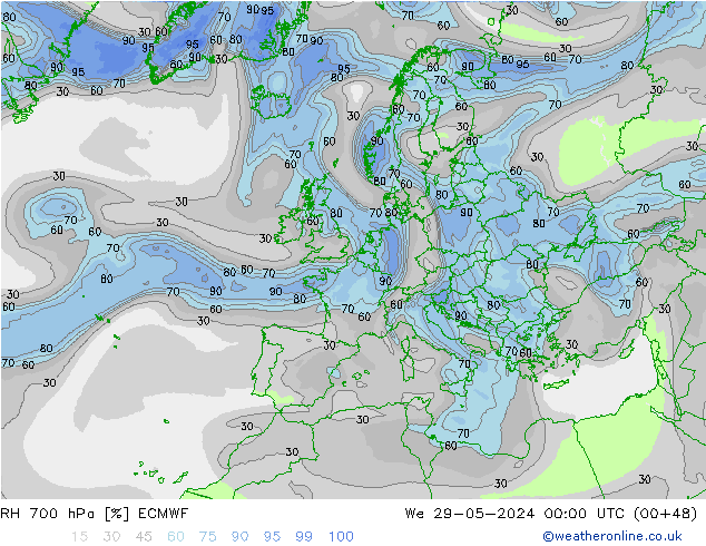 RH 700 hPa ECMWF mer 29.05.2024 00 UTC