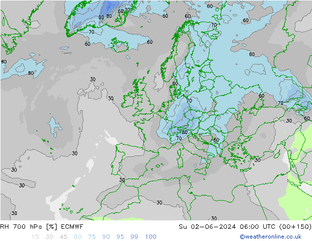 RH 700 hPa ECMWF So 02.06.2024 06 UTC