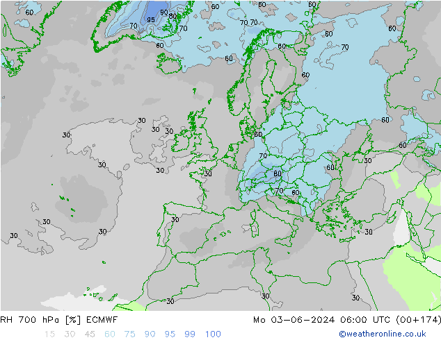 Humedad rel. 700hPa ECMWF lun 03.06.2024 06 UTC