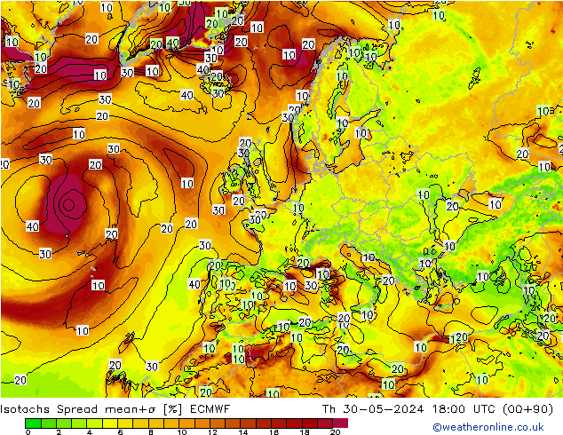 Isotachs Spread ECMWF Th 30.05.2024 18 UTC