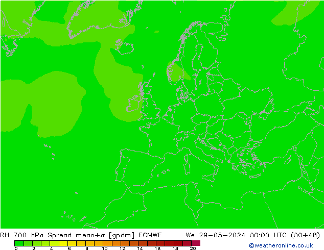 Humedad rel. 700hPa Spread ECMWF mié 29.05.2024 00 UTC