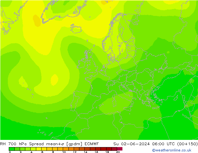 RH 700 hPa Spread ECMWF nie. 02.06.2024 06 UTC