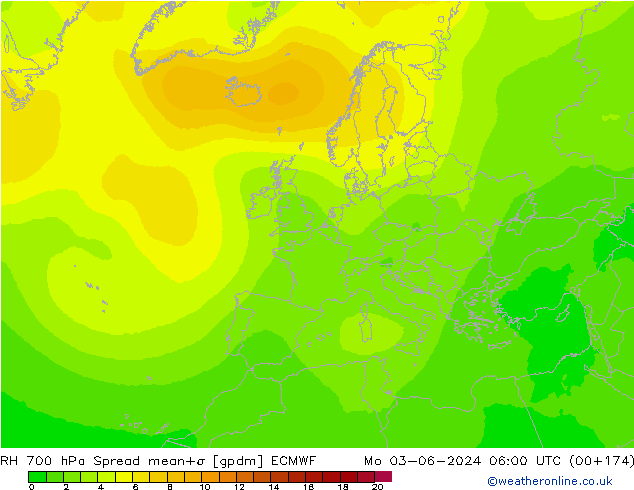 RH 700 hPa Spread ECMWF pon. 03.06.2024 06 UTC