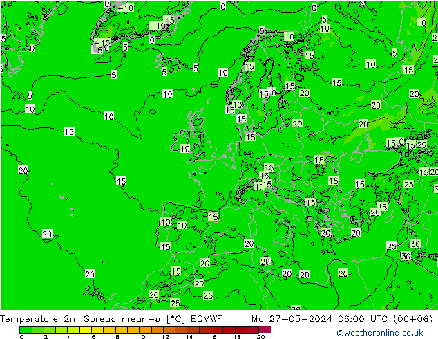 mapa temperatury 2m Spread ECMWF pon. 27.05.2024 06 UTC