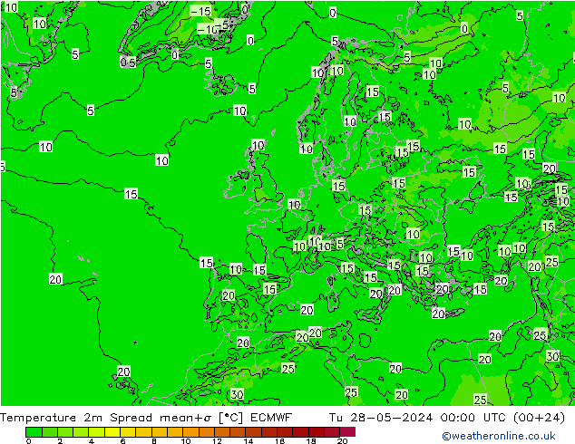 Temperature 2m Spread ECMWF Út 28.05.2024 00 UTC