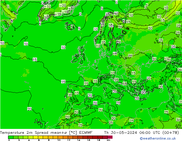 Temperatura 2m Spread ECMWF jue 30.05.2024 06 UTC