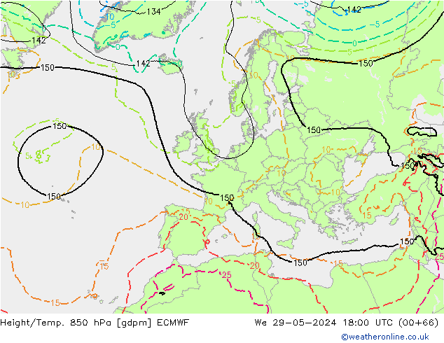 Height/Temp. 850 hPa ECMWF We 29.05.2024 18 UTC