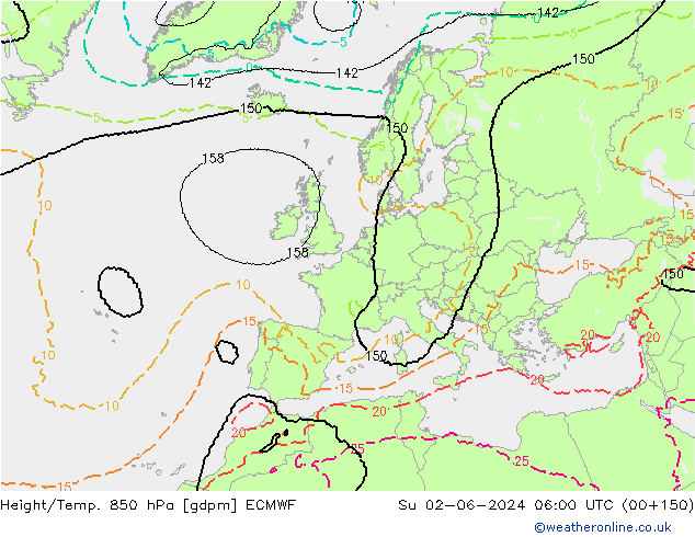 Height/Temp. 850 hPa ECMWF So 02.06.2024 06 UTC