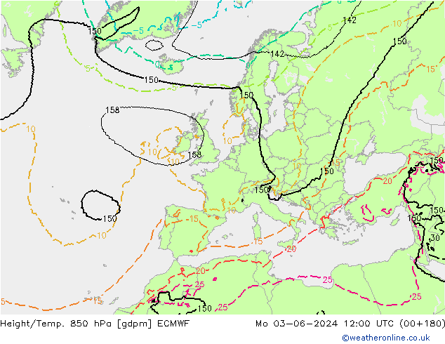 Height/Temp. 850 hPa ECMWF Mo 03.06.2024 12 UTC