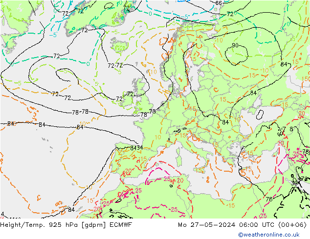 Geop./Temp. 925 hPa ECMWF lun 27.05.2024 06 UTC
