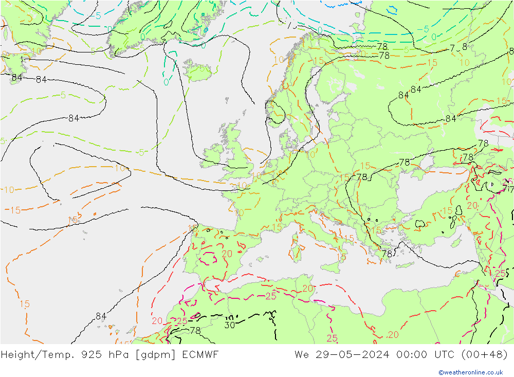 Height/Temp. 925 hPa ECMWF mer 29.05.2024 00 UTC