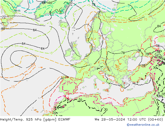 Height/Temp. 925 hPa ECMWF Mi 29.05.2024 12 UTC