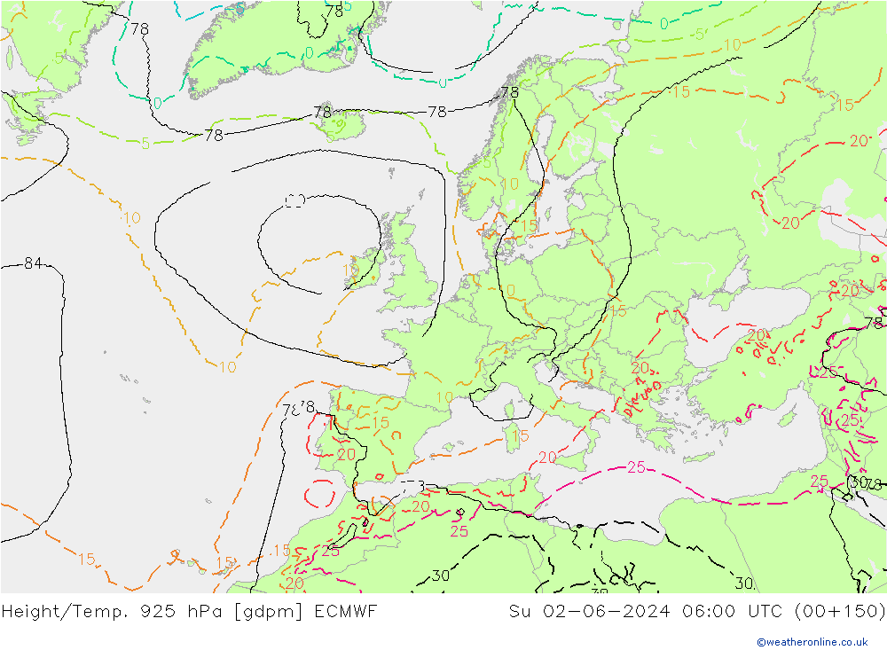 Height/Temp. 925 hPa ECMWF nie. 02.06.2024 06 UTC