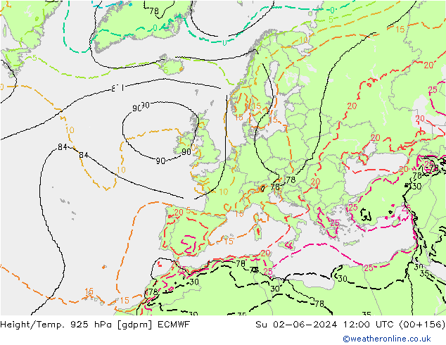 Hoogte/Temp. 925 hPa ECMWF zo 02.06.2024 12 UTC