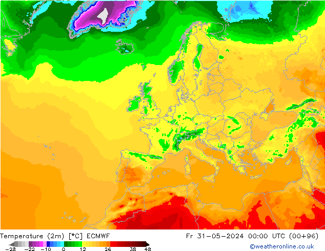 mapa temperatury (2m) ECMWF pt. 31.05.2024 00 UTC