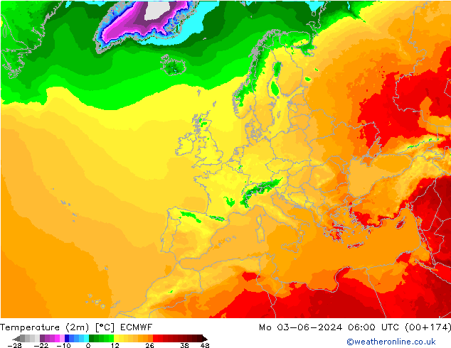 Temperatura (2m) ECMWF Seg 03.06.2024 06 UTC