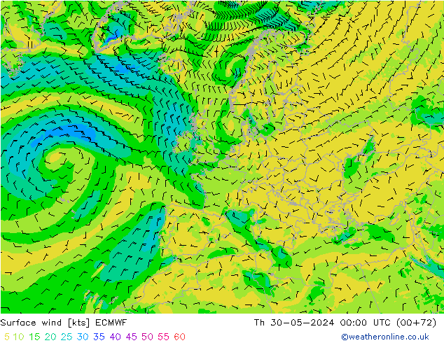 Surface wind ECMWF Čt 30.05.2024 00 UTC