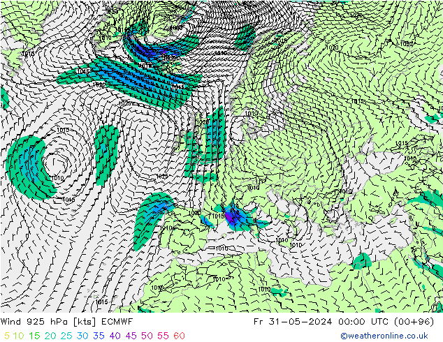 Wind 925 hPa ECMWF Pá 31.05.2024 00 UTC