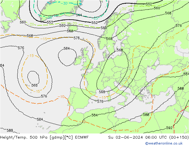 Height/Temp. 500 гПа ECMWF Вс 02.06.2024 06 UTC