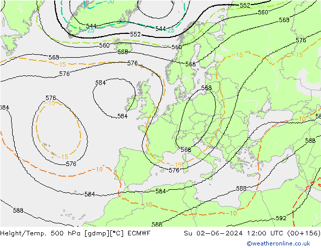 Height/Temp. 500 hPa ECMWF Dom 02.06.2024 12 UTC