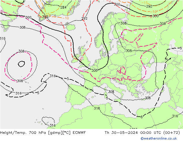 Height/Temp. 700 hPa ECMWF Qui 30.05.2024 00 UTC