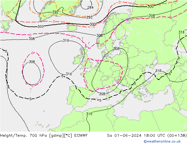 Height/Temp. 700 гПа ECMWF сб 01.06.2024 18 UTC